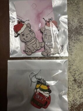 Festive Hippo Santa Earrings - Red & White